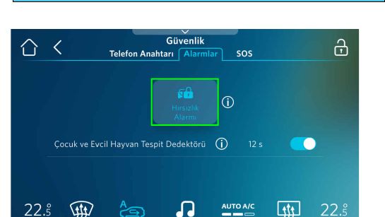 Güvenlik → Alarmlar ekranı: Hırsızlık Alarmı düğmesi