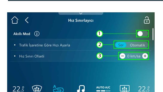 Hız Sınırlayıcı ayarları: (1) akıllı mod, (2) tercih, (3) fark