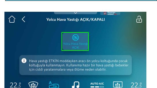 Yolcu Hava Yastığı AÇIK/KAPALI ekranı