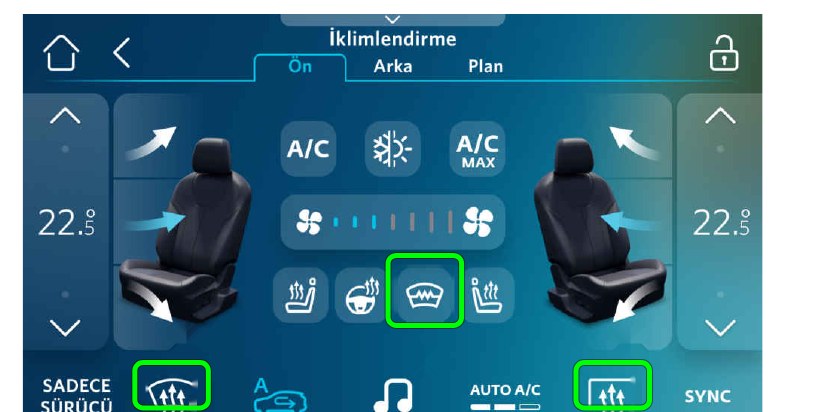 İklimlendirme → Ön: sol altta maksimum buz çözme, ortada ön cam ısıtıcı, sağ altta arka cam ısıtma
