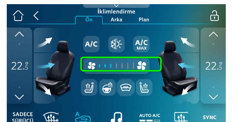 Fan hızı çubuğu: en az bir kademe açık olmalı
