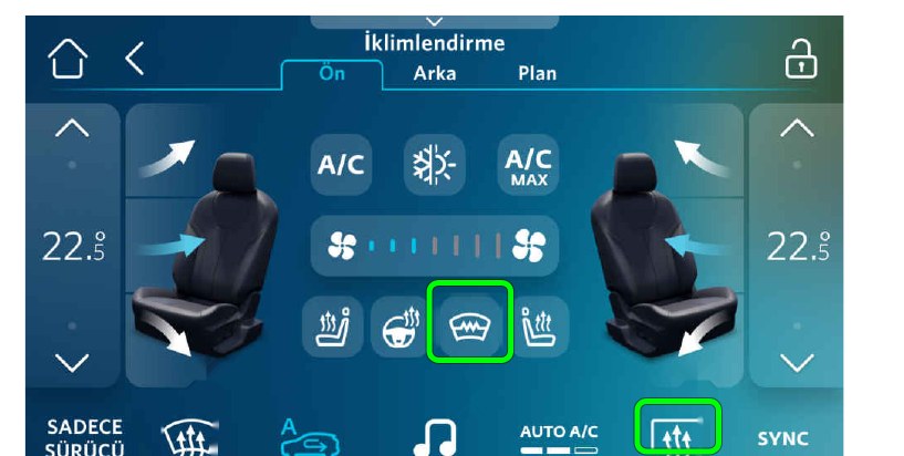 Arka cam ısıtma (sağ altta) ve ön cam ısıtıcı (ortada)