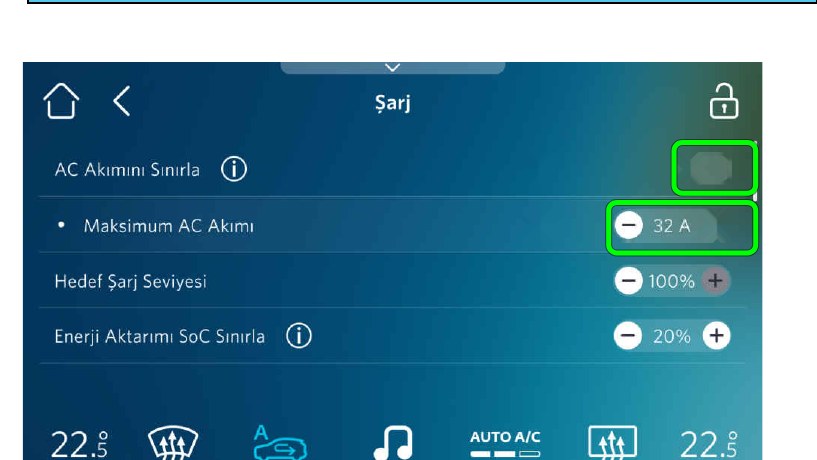 Şarj ayarları: "AC Akımını Sınırla" anahtarını açın, "Maksimum AC Akımı" değerini düşürün