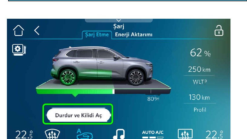 Şarj ekranı: Durdur ve Kilidi Aç düğmesi