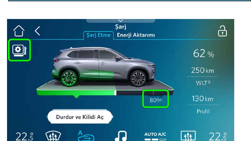 Şarj ekranı: hedef şarj sınırı (%80) ve ayarlar dişlisi