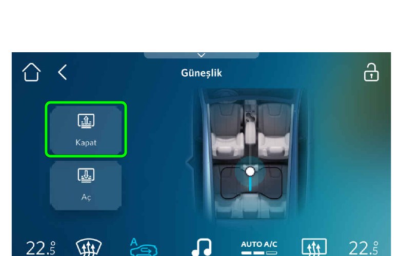 Güneşlik ekranı: Kapat düğmesini basılı tutun