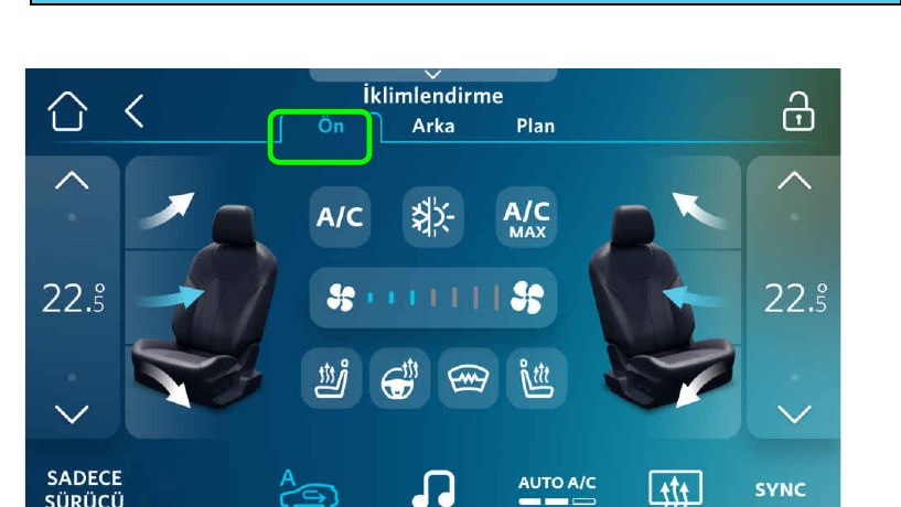 İklimlendirme ekranı, "Ön" sekmesi; alt çubukta buz çözme düğmesi