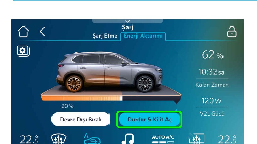 Enerji Aktarımı ekranı: "Durdur & Kilit Aç" ile kilidi açıp fişi yeniden takın