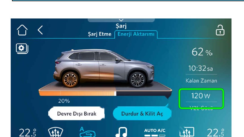 Enerji Aktarımı ekranı: anlık V2L gücü burada görünür